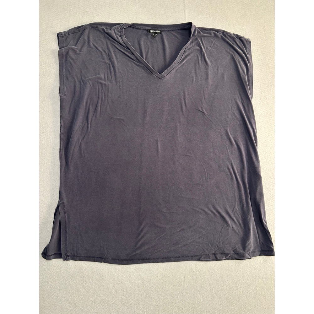 Eileen Fisher V-Neck Top Women Large Navy Tencel Lyocell Blend Side Slit Boxy